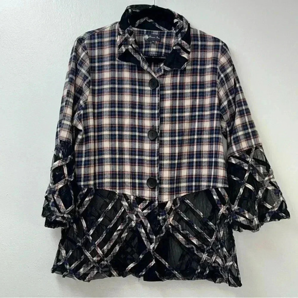Damee Inc Plaid Shirt Jacket XL Ruffle Collar‎ long Sleeves Flannel and Mesh - Picture 1 of 13